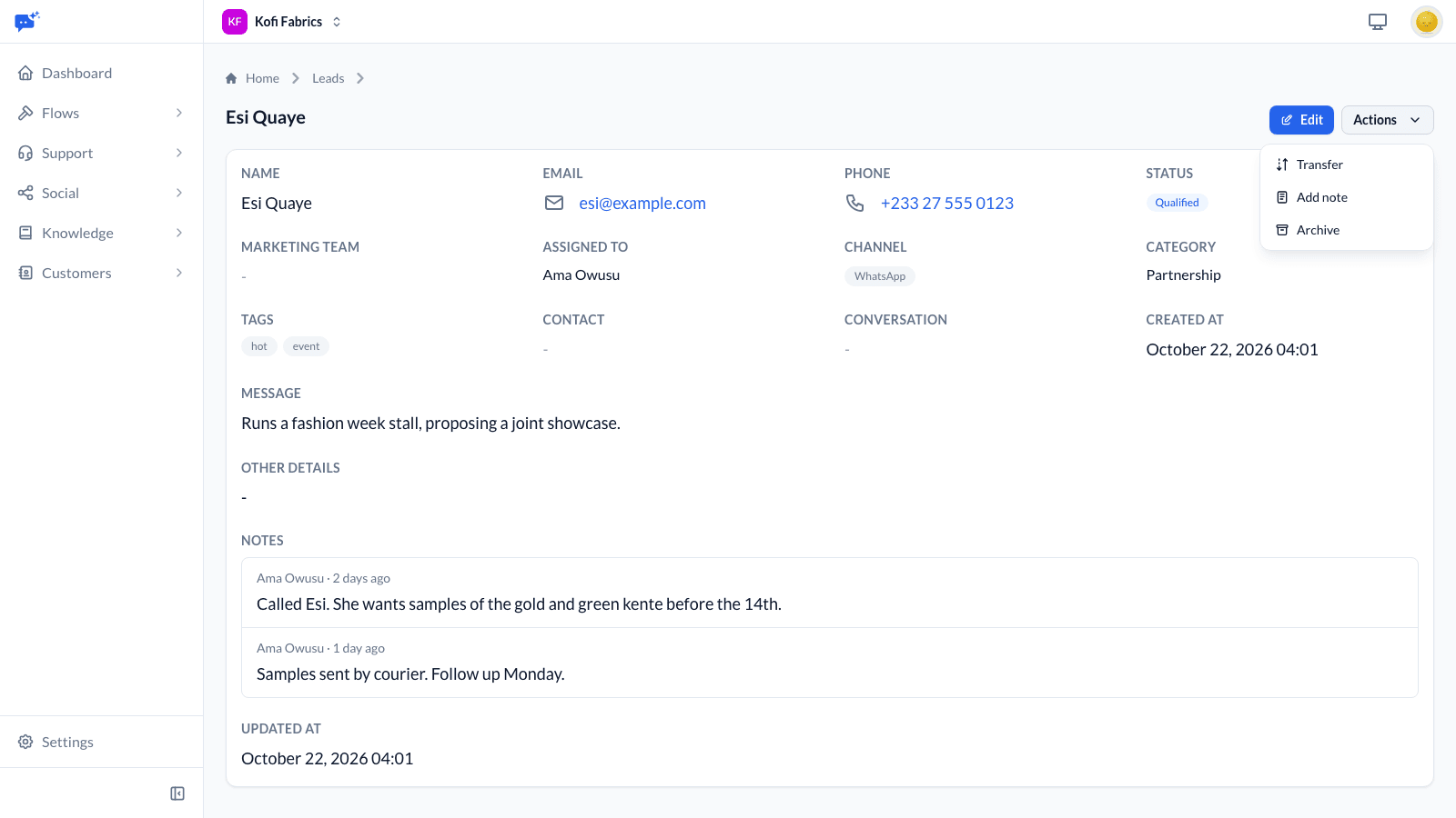 A lead's page showing contact details, status, category, tags and two notes, with the Actions menu open on Transfer, Add note and Archive