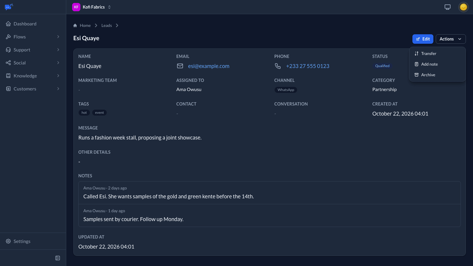 A lead's page showing contact details, status, category, tags and two notes, with the Actions menu open on Transfer, Add note and Archive