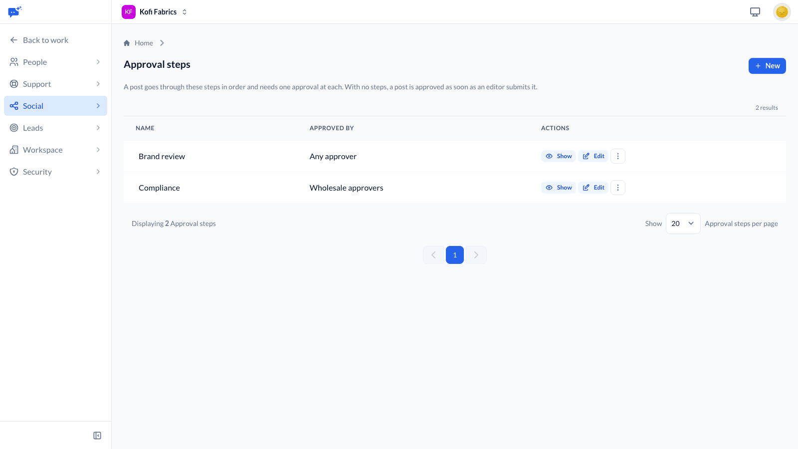 Approval steps: Brand review by any approver, then Compliance by the Wholesale team