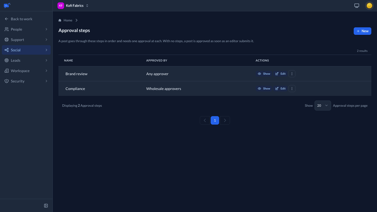 Approval steps: Brand review by any approver, then Compliance by the Wholesale team