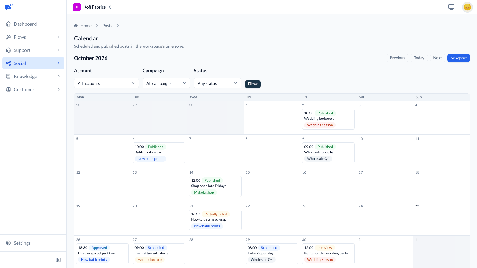 The social calendar for October with scheduled, published, approved and in-review posts, each tagged with its campaign
