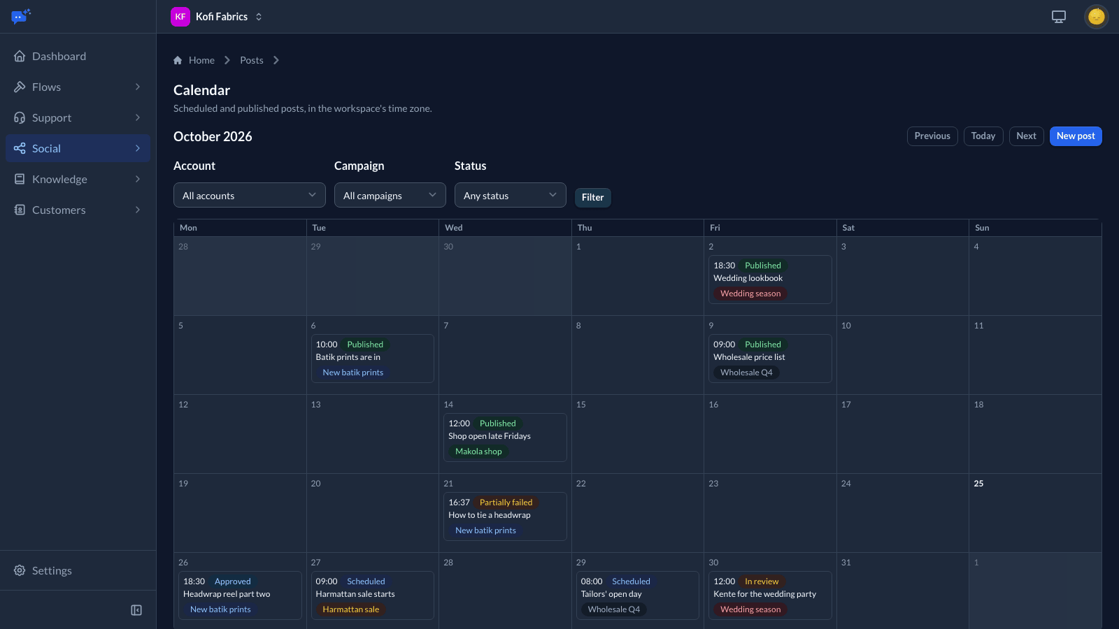 The social calendar for October with scheduled, published, approved and in-review posts, each tagged with its campaign