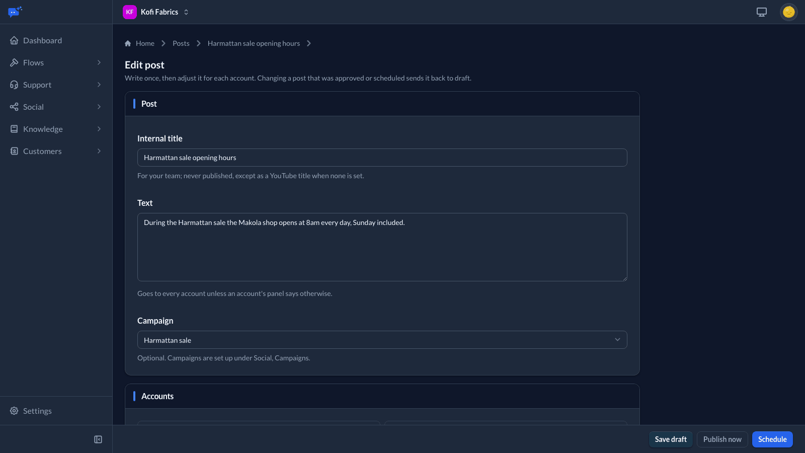 Editing a post called Harmattan sale opening hours, with its text, campaign, and buttons to save a draft, publish now or schedule