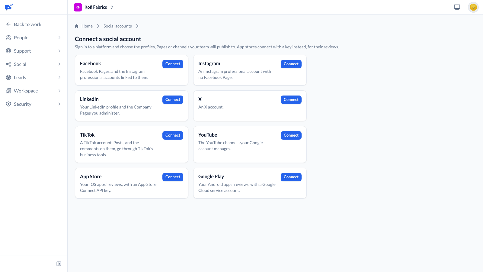 Connect a social account: Facebook, Instagram, LinkedIn, X, TikTok and YouTube, each with a Connect button and a line on what it connects, then App Store and Google Play, which connect with a key