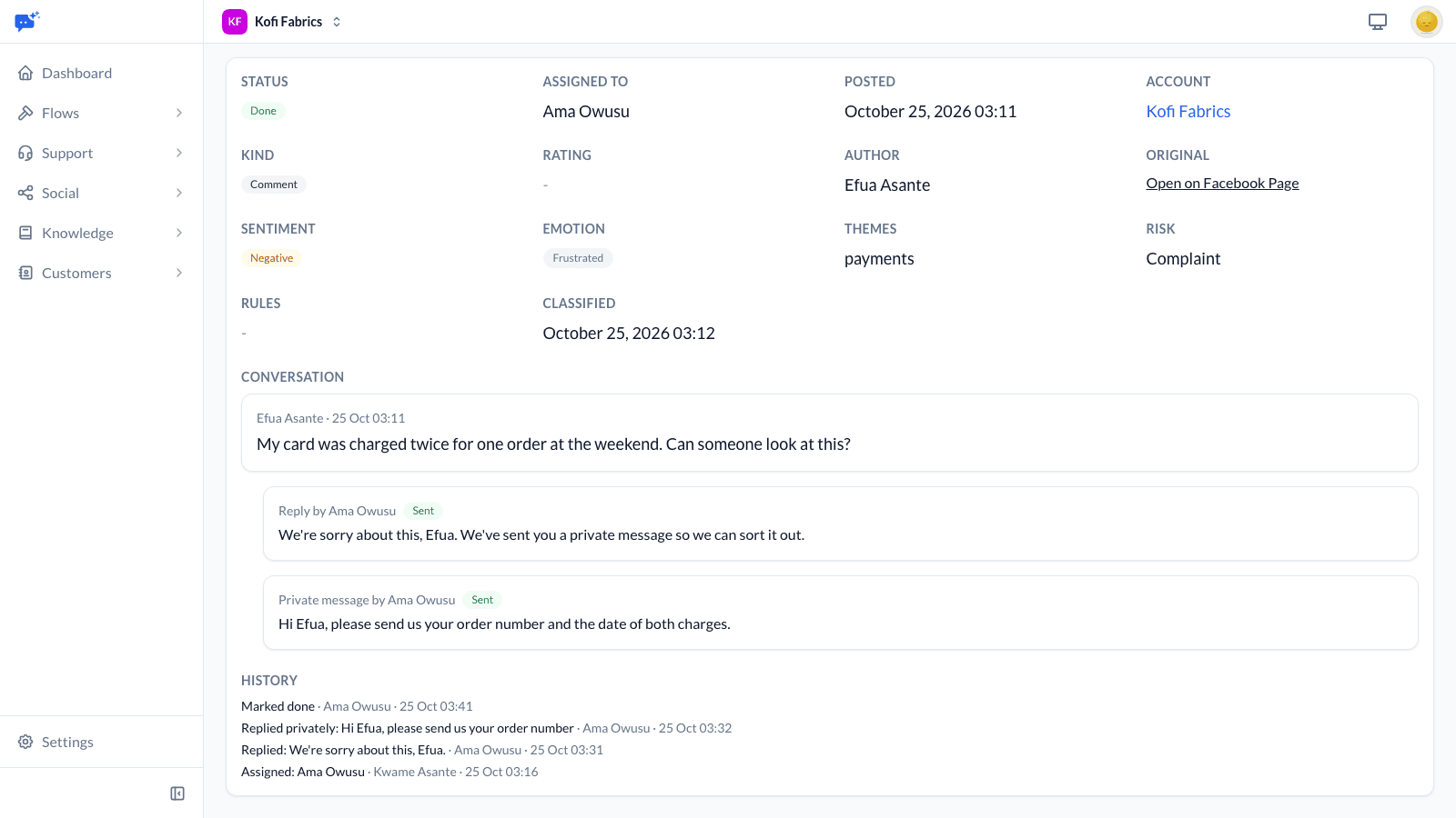 A Facebook comment about a double card charge, with a public reply and a private message beneath it, and its history: assigned, replied and replied privately