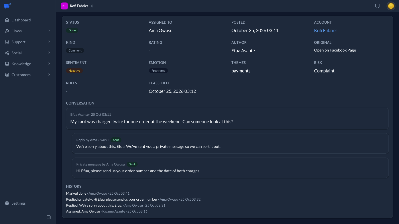 A Facebook comment about a double card charge, with a public reply and a private message beneath it, and its history: assigned, replied and replied privately