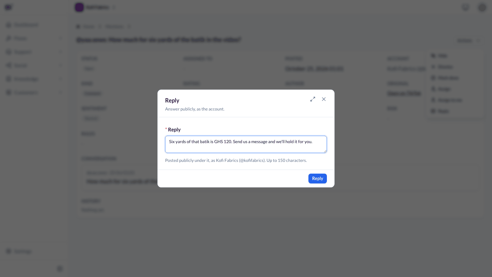 Writing a public reply to a TikTok comment about batik prices, posted as the shop's account, with its 150 character limit shown