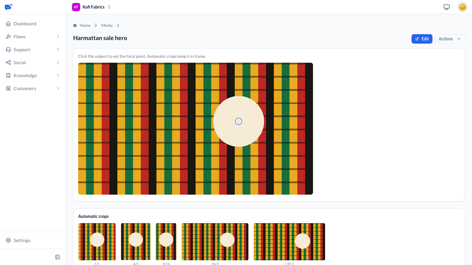 An image with its focal point set, and the automatic crops it produces at 1:1, 4:5, 9:16, 16:9 and 1.91:1