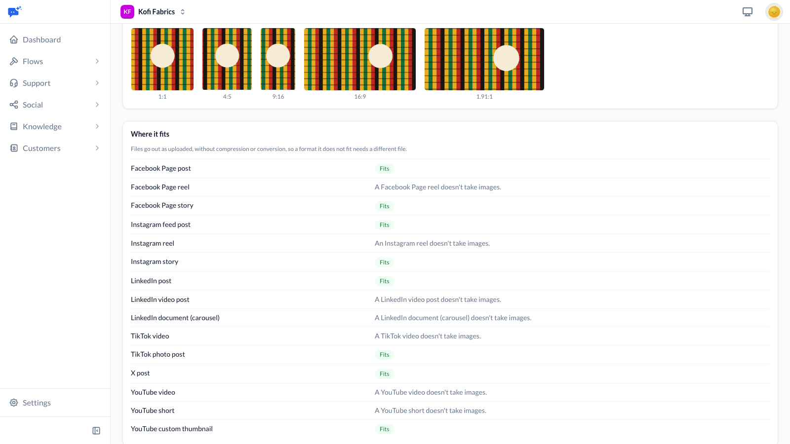 A list of every post format on each network, marking where the image fits and saying why it doesn't, such as a reel that takes only video