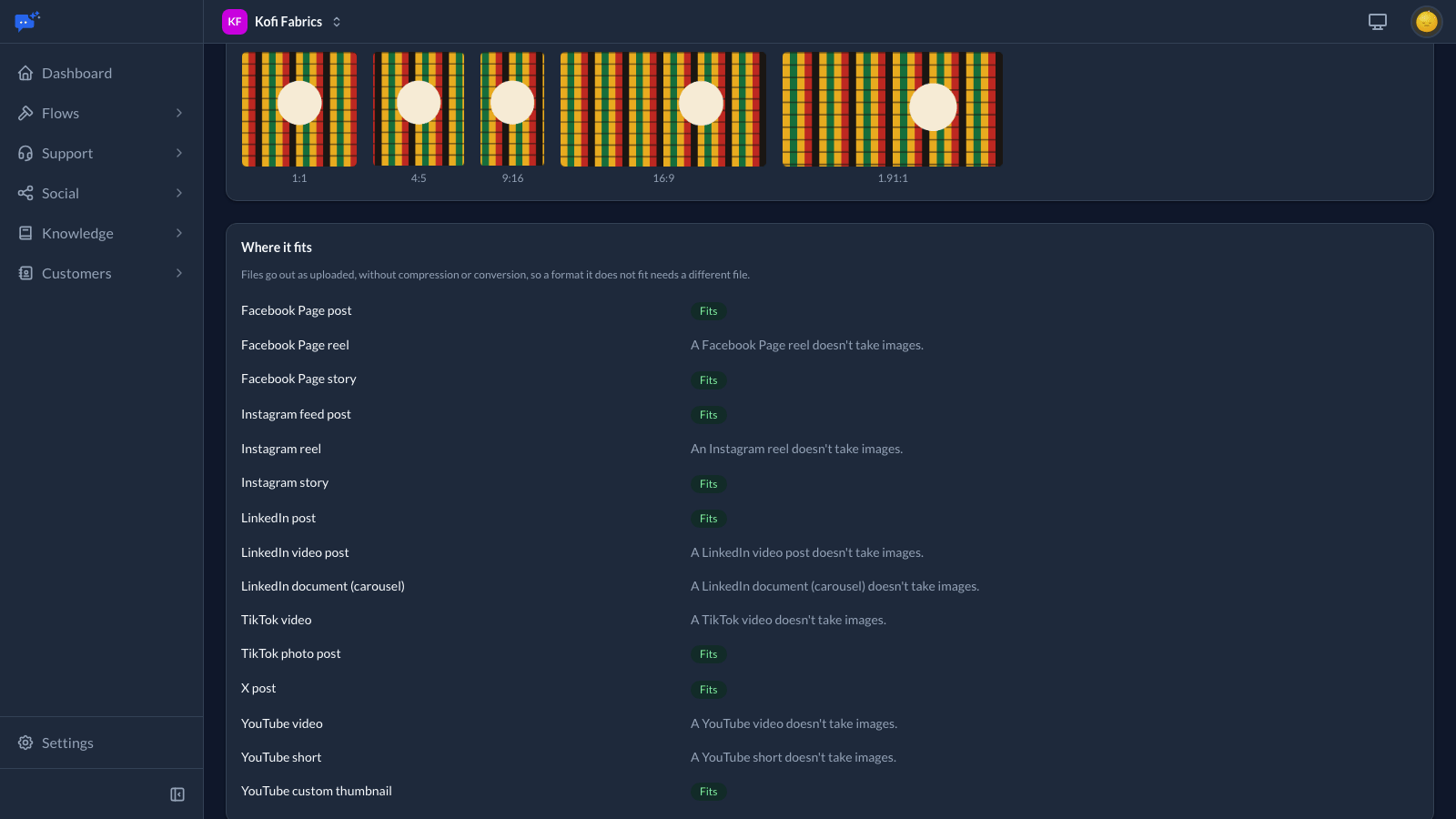 A list of every post format on each network, marking where the image fits and saying why it doesn't, such as a reel that takes only video