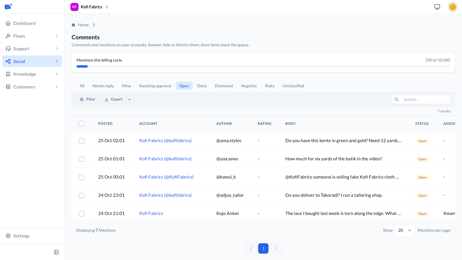 The Comments list showing every open comment and mention, with views for needs reply, mine, awaiting approval, done, dismissed, negative, risky and unclassified