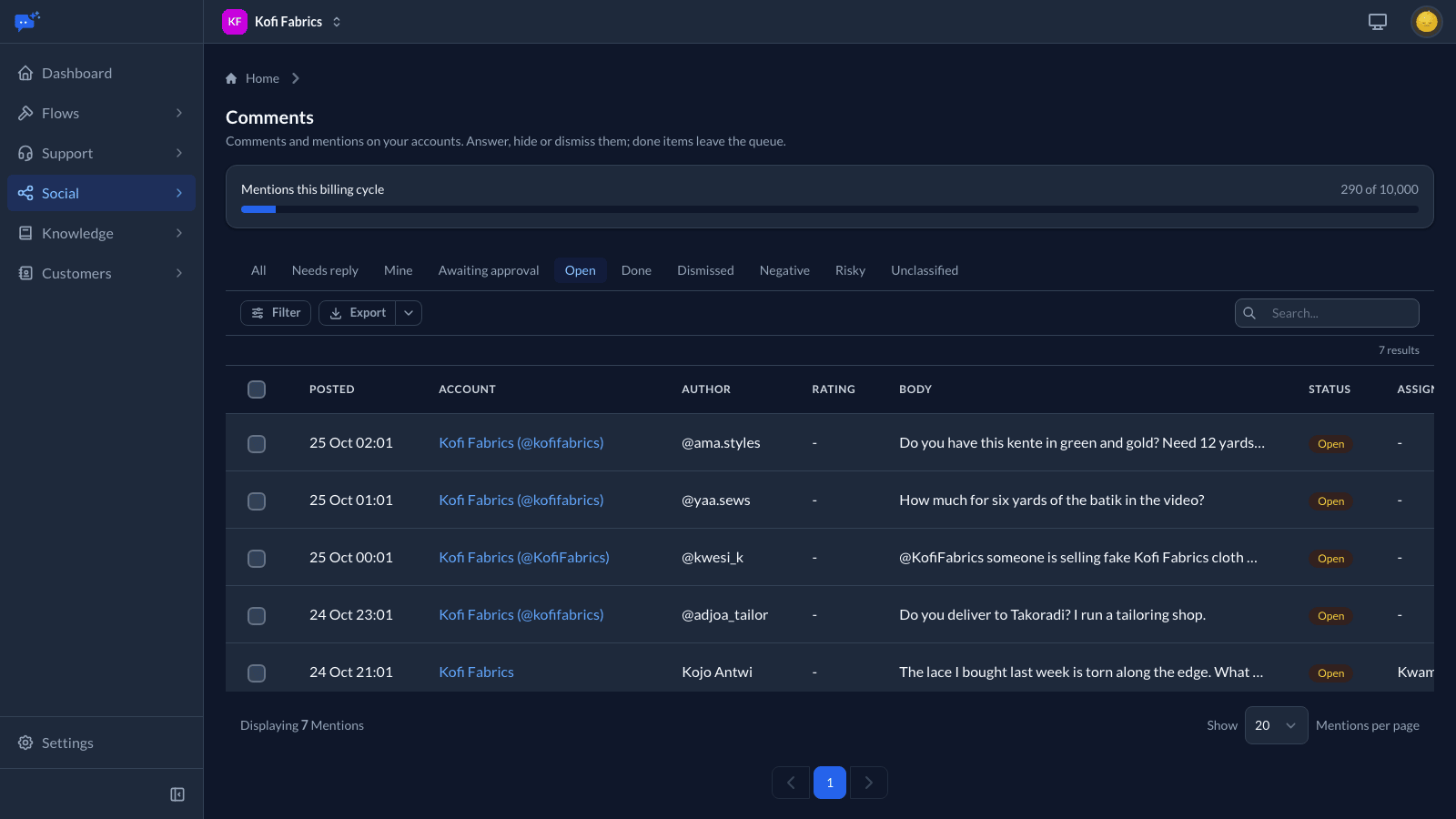 The Comments list showing every open comment and mention, with views for needs reply, mine, awaiting approval, done, dismissed, negative, risky and unclassified