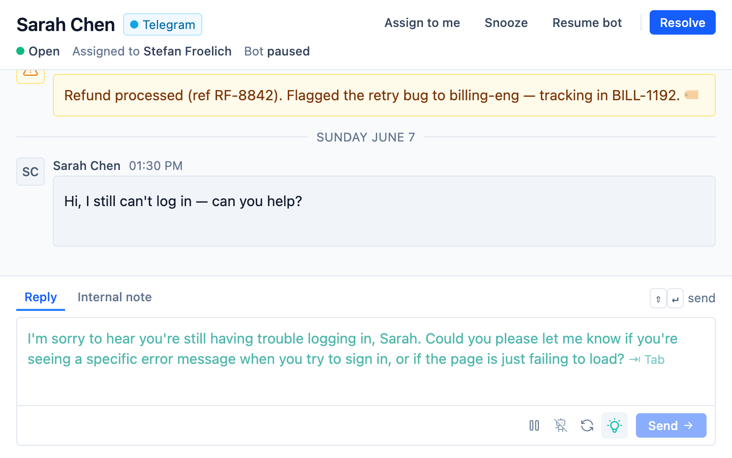 A drafted reply in the inbox composer