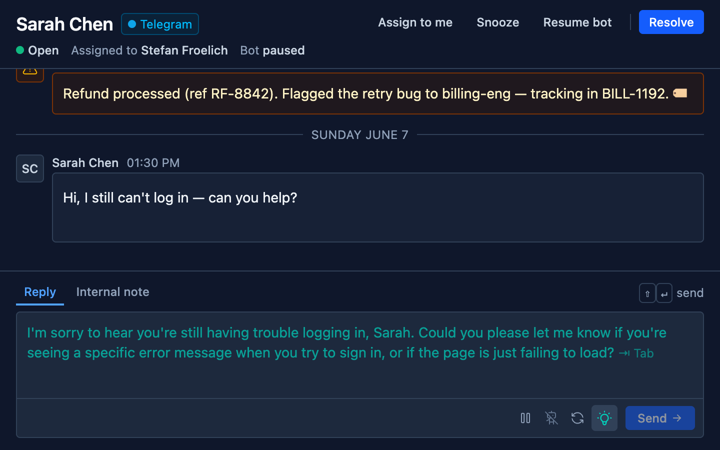 A drafted reply in the inbox composer