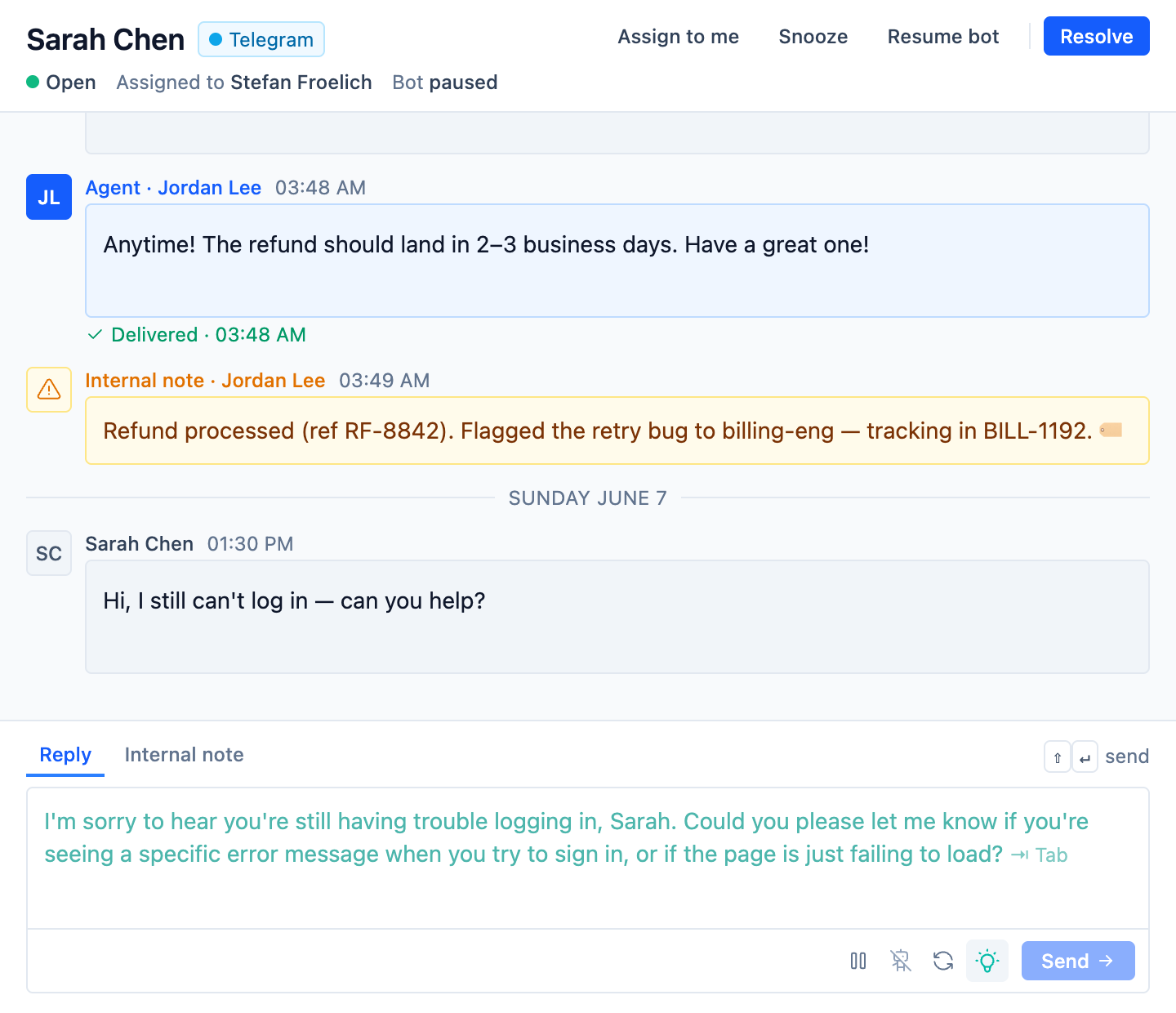 A SupportBuddy draft waiting in the UniversalInbox composer