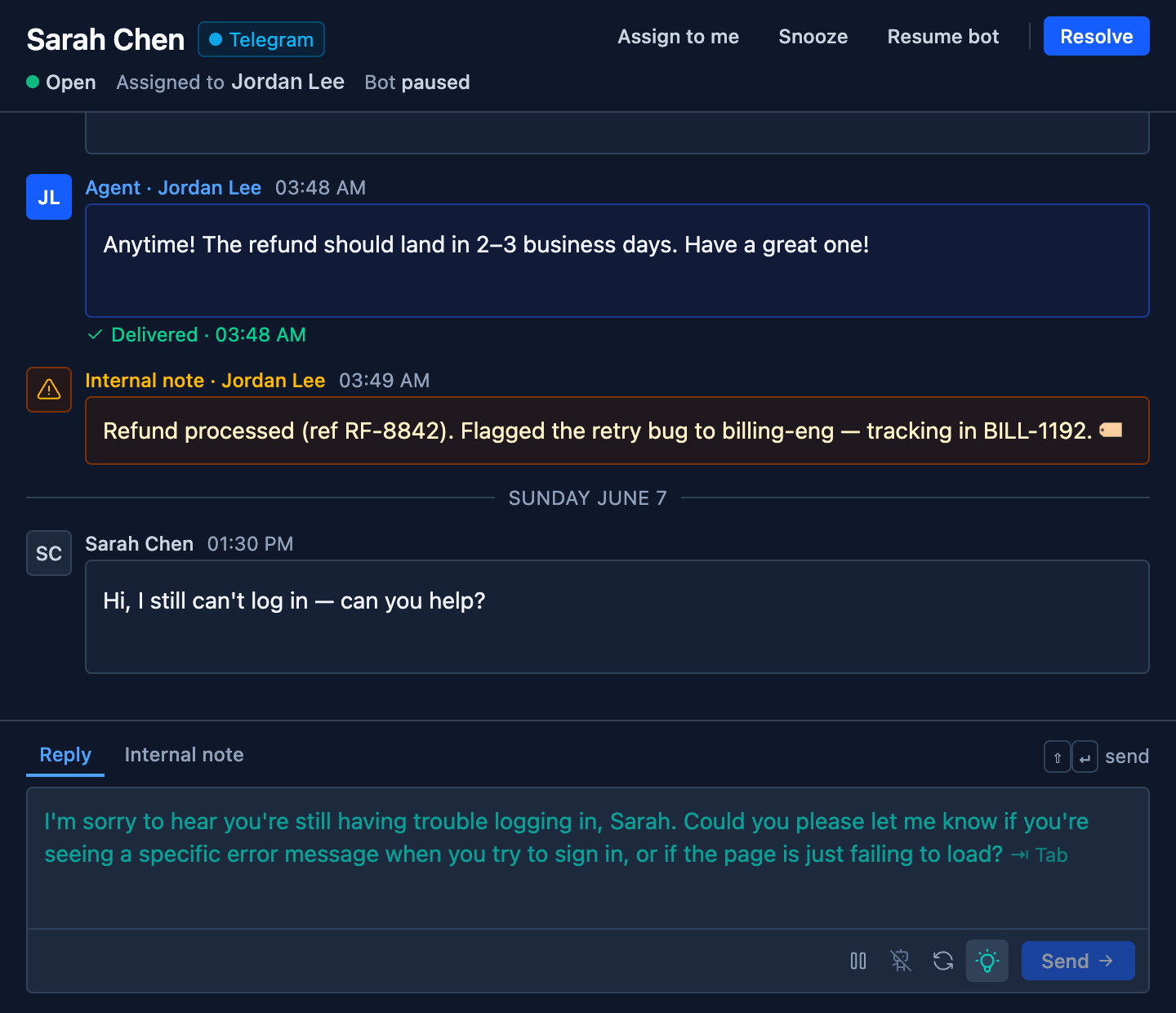 A Telegram conversation in the inbox where the customer says she still can't log in, and a suggested reply asking which error she sees appears in the composer, ready to accept with Tab
