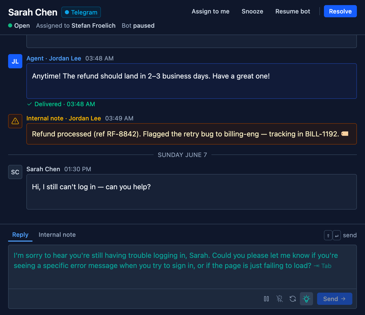 A SupportBuddy draft waiting in the UniversalInbox composer