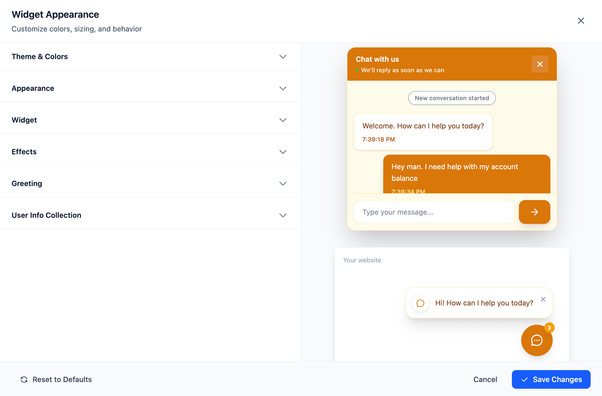 The widget editor with sections for theme and colours, appearance, greeting and user info, beside a live preview of a chat window and its launcher on a sample website