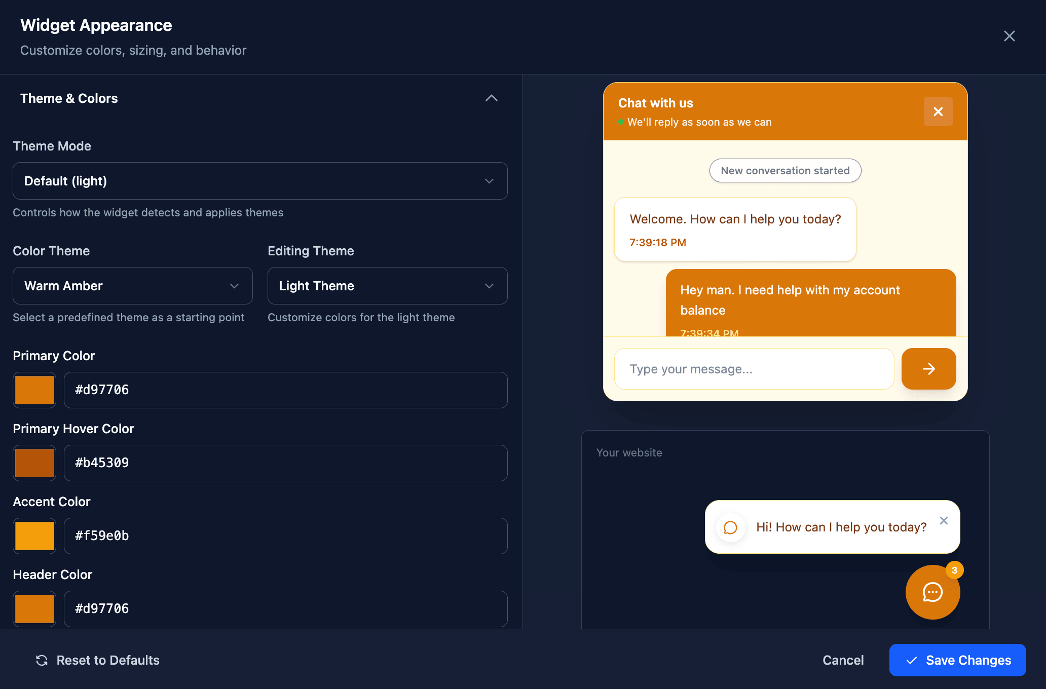 The widget editor with sections for theme and colours, appearance, greeting and user info, beside a live preview of a chat window and its launcher on a sample website