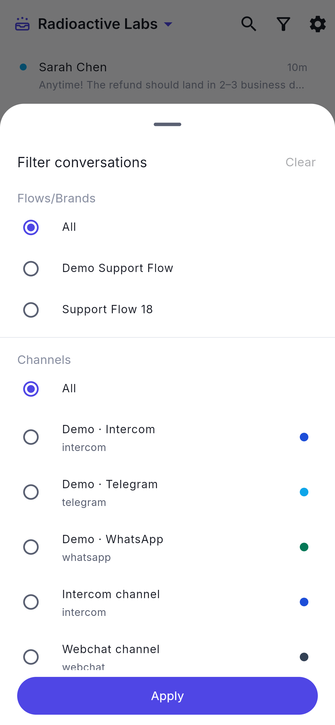 Filtering the inbox by flow and channel on a phone