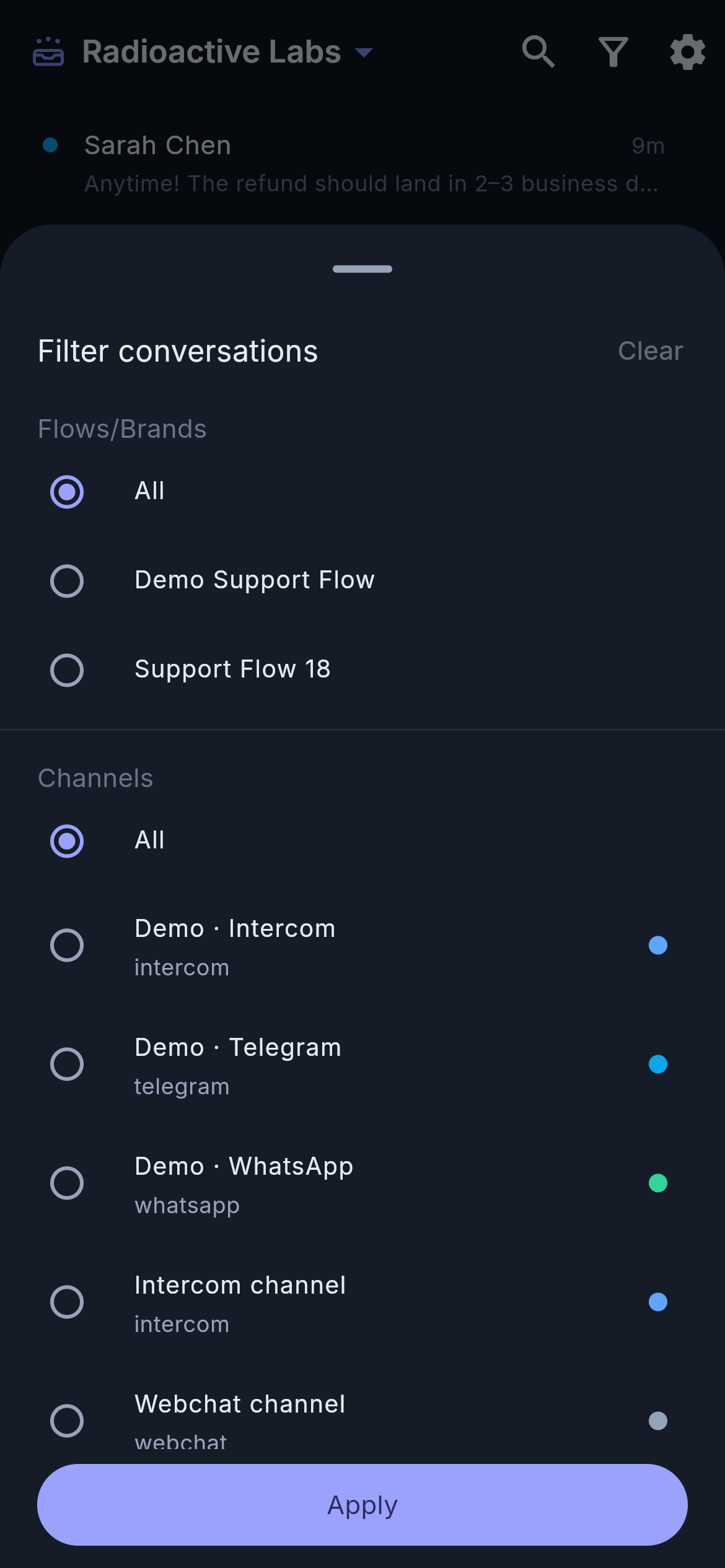 Filtering the inbox by flow and channel on a phone