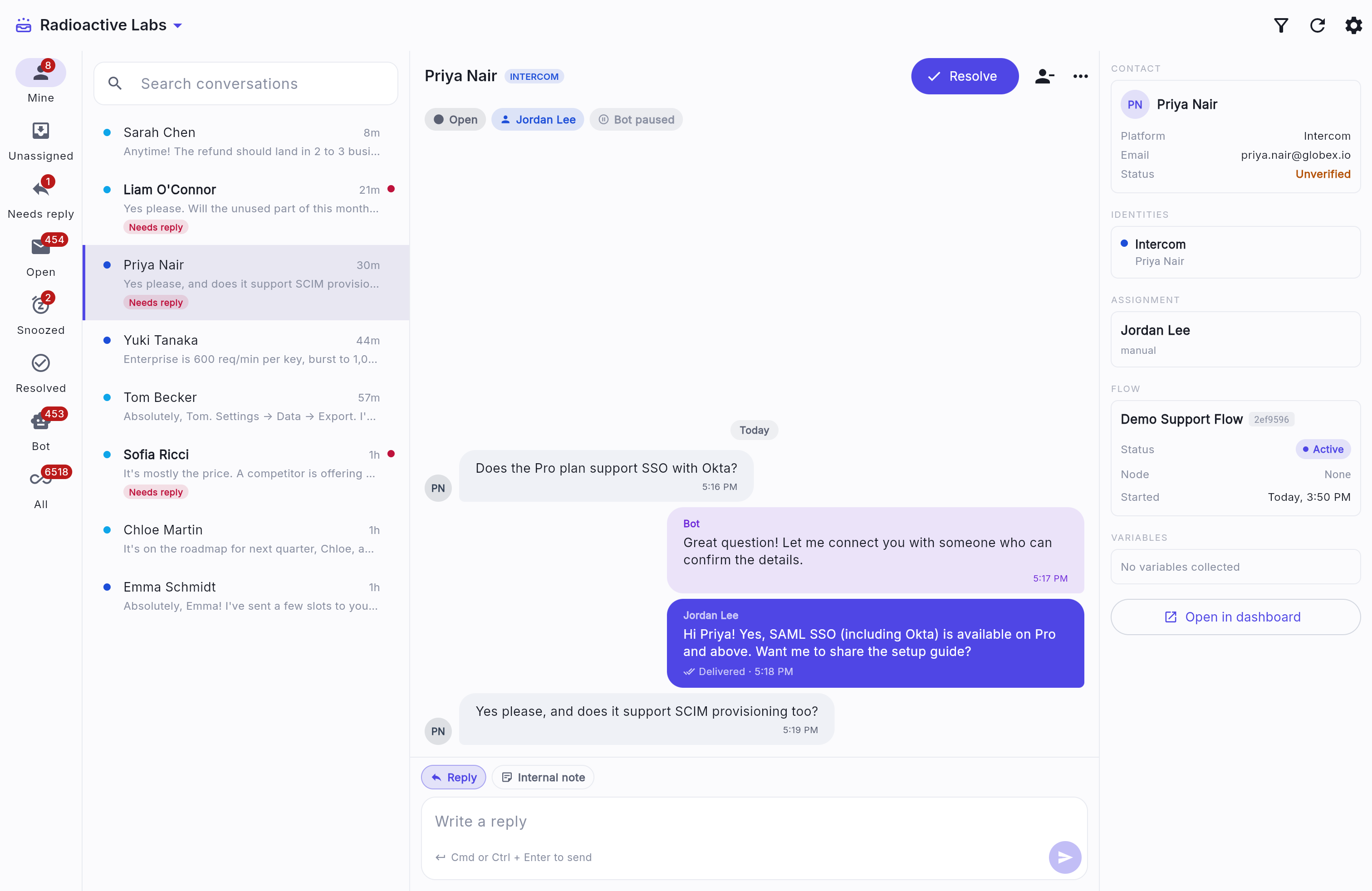 A support conversation in the UniversalInbox: the bot hands an SSO question to an agent, who replies with the customer's context alongside