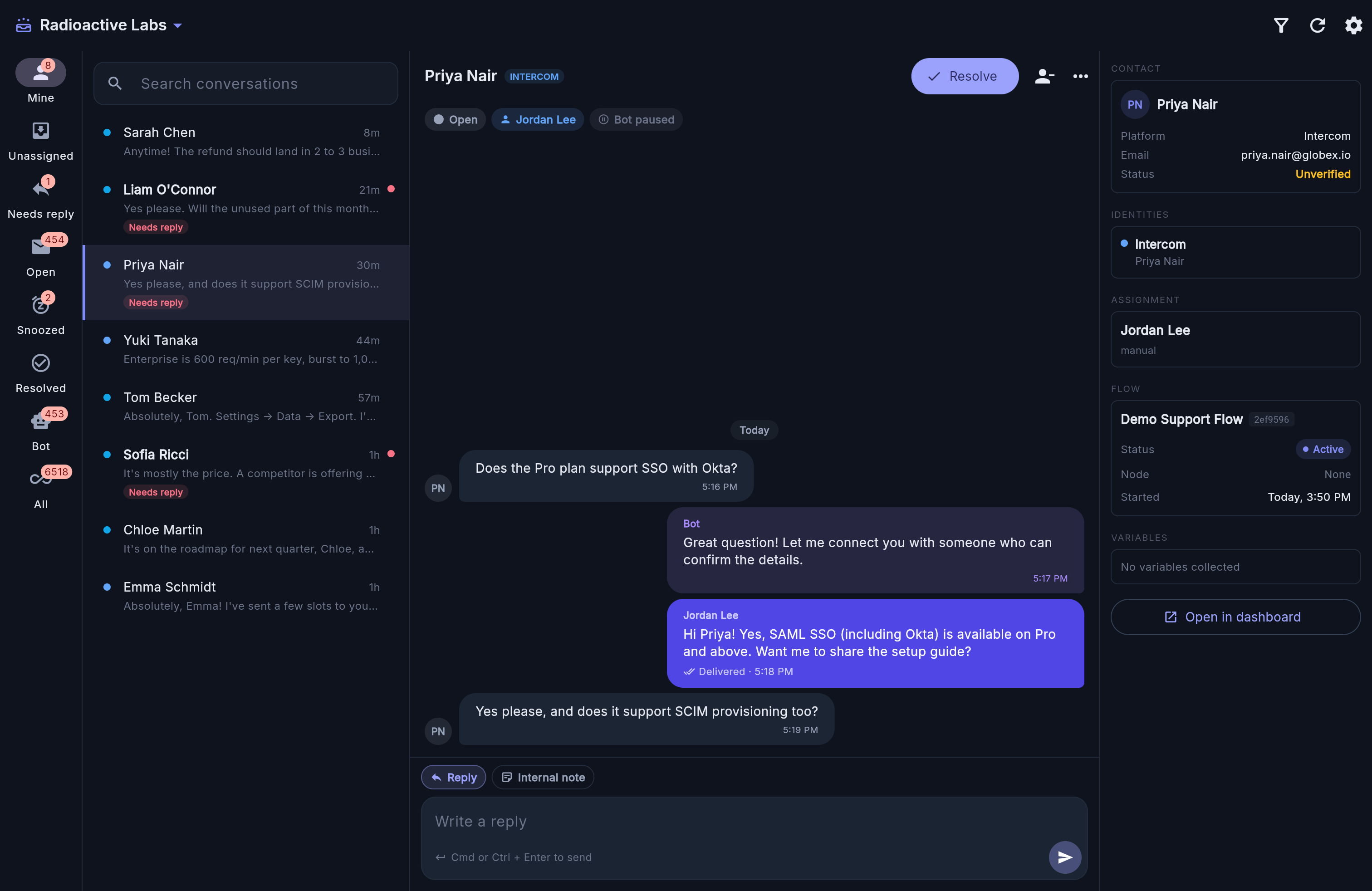 A support conversation in the UniversalInbox: the bot hands an SSO question to an agent, who replies with the customer's context alongside
