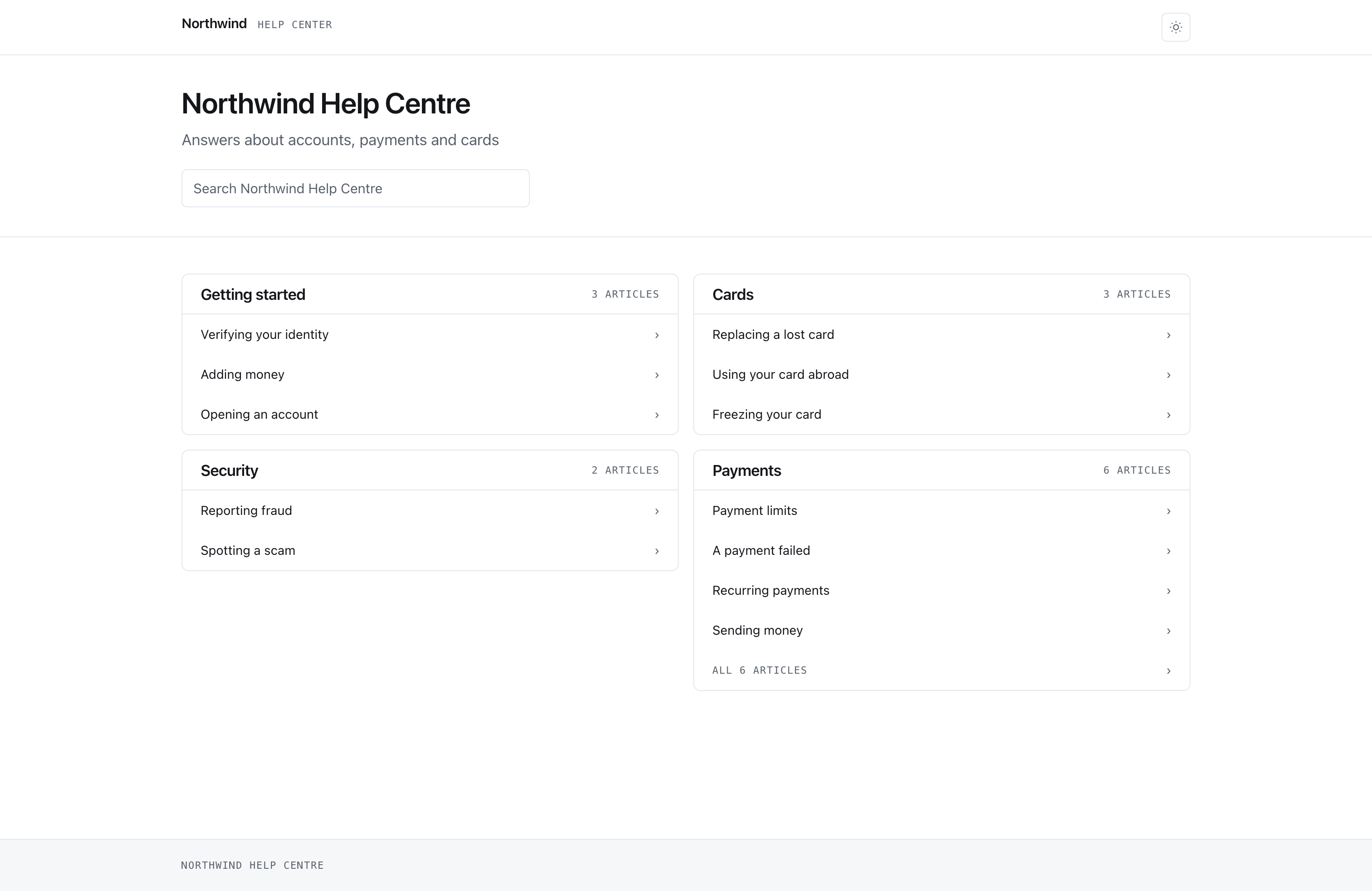 A published help centre, with its categories and a search box