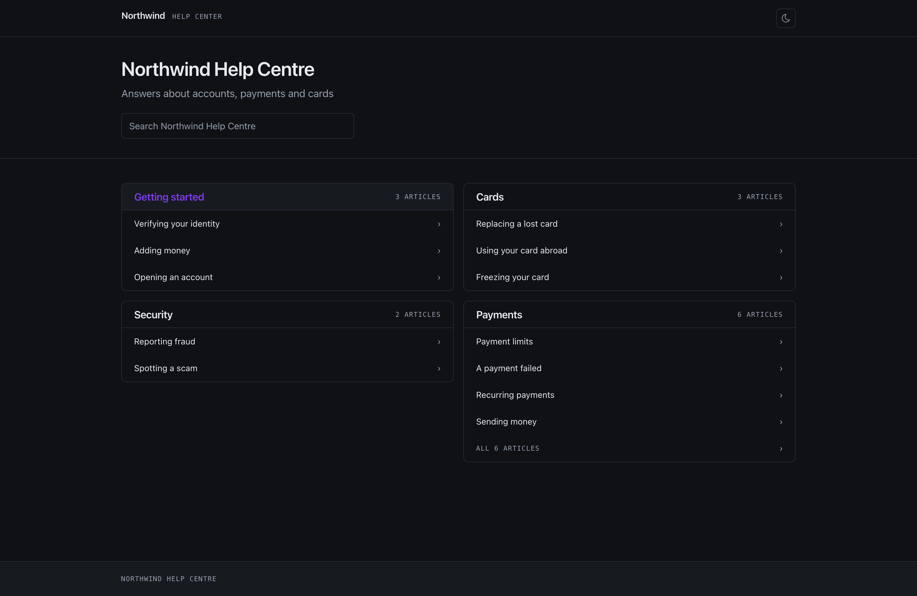A published help centre, with its categories and a search box