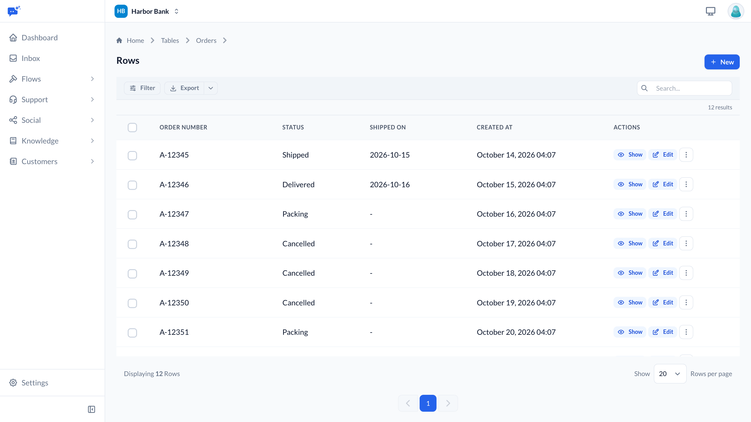 The Orders table in the dashboard: rows with an order number, status and shipped date, with filter, export and search