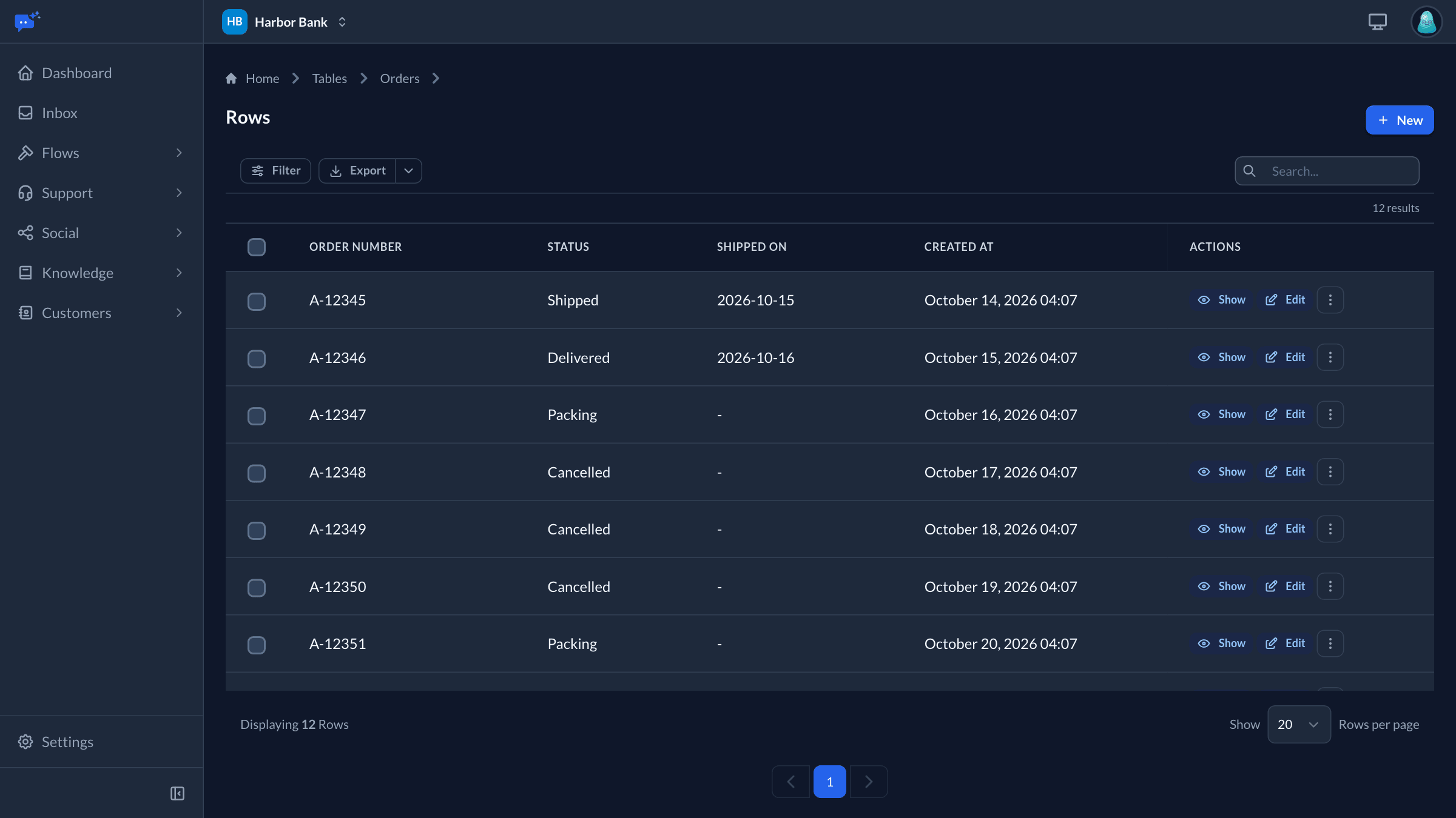 The Orders table in the dashboard: rows with an order number, status and shipped date, with filter, export and search